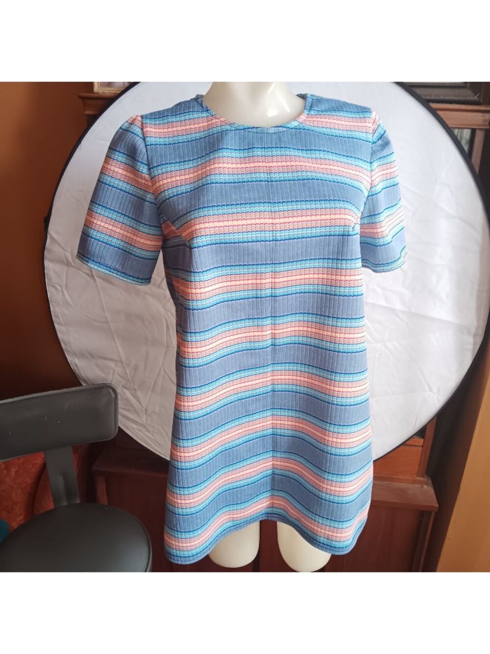Vintage Women's Medium Tunic Top 1970's 1of1 Striped T-shirt Granny  Pink Blue